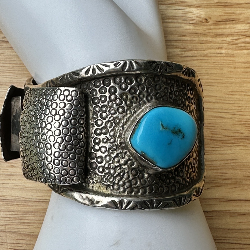 Hopi Watch Bracelet Size 7 Bisbee‎ Turquoise Lizard Signed CL Sterling 95.4g USA - Picture 4 of 13